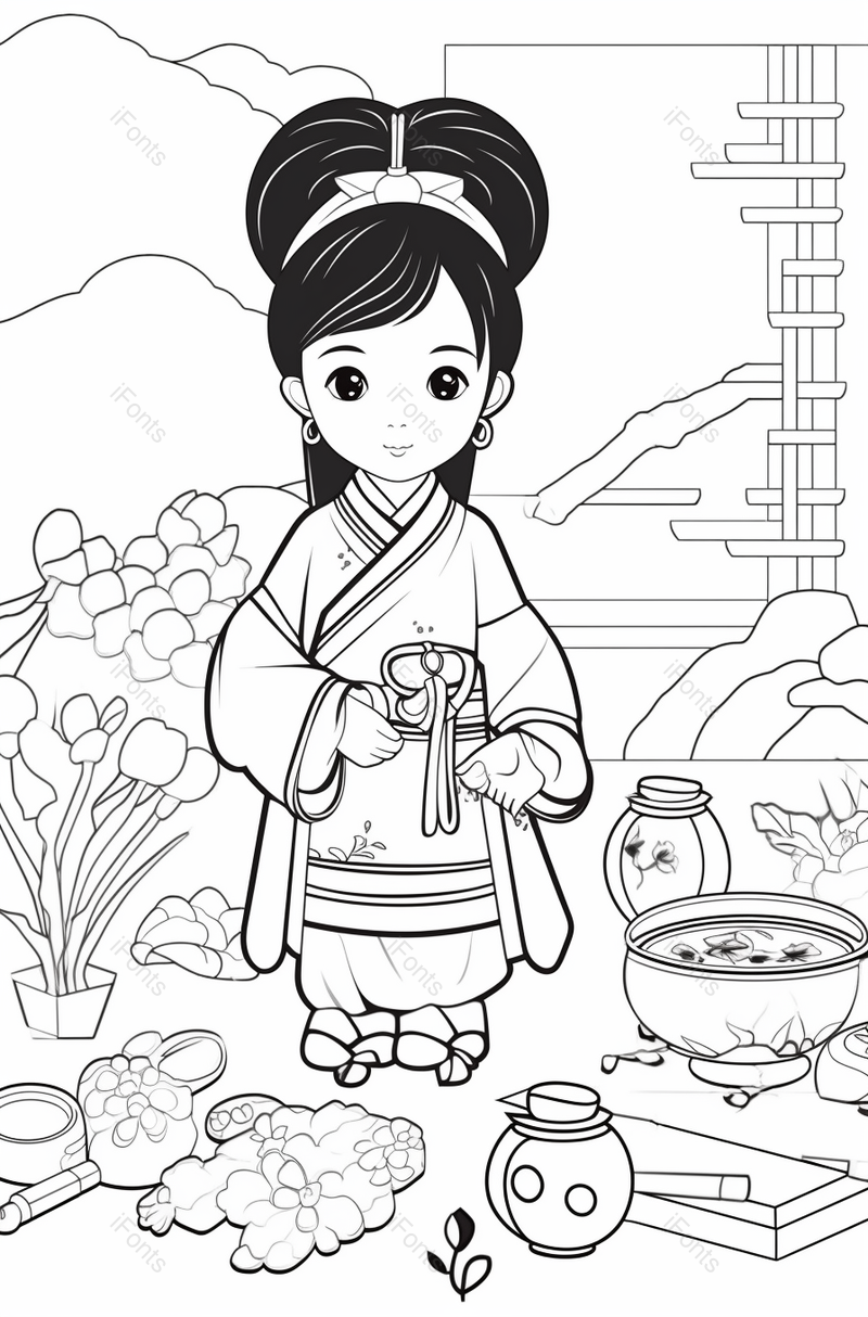 古装女子花瓷器孩子儿童学习上色线稿,插画/手绘图,插画/手绘图库,插画/手绘图下载,插画/手绘